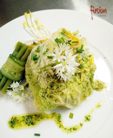 Fish Wrapped in Green Cabbage, Wild Garlic Pesto